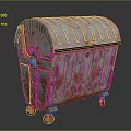 Rusty Metal Trash Bin with Wheels and Curved Lid Weathered Red and Green Rusty Surface