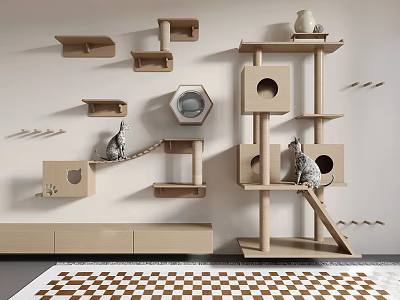 Modern Wooden Cat Shelves with Cozy Beds Climbing Tree and Cats 3d model
