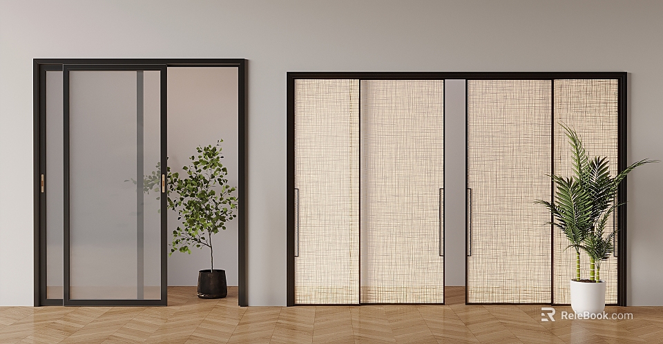 Black Framed Glass and Linen Sliding Doors in Modern Interior With Wooden Floor and Plants 3d model 