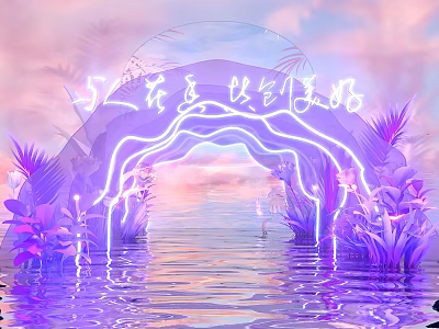 Event Entrance With Purple Neon Lights And Floral Decorations Pink Purple Sky Water Reflection 3d model