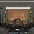 Modern Private Box with Comfortable Sofa Dining Table Chairs Large Windows and Elegant Wall Painting 3d model