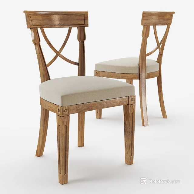 Classic Wooden Dining Chairs With Cross Back Design And Light Beige Padded Seat 3d model 