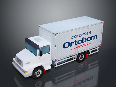 White Box Truck with Colchoes Ortobom Logo on Side and Reflective Surface 3d model