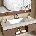 Modern Bathroom Vanity Cabinet With White Countertop Faucet Open Storage Towels And Large Wooden Mirror
