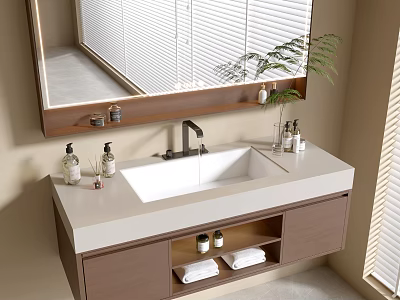 Modern Bathroom Vanity Cabinet With White Countertop Faucet Open Storage Towels And Large Wooden Mirror 3d model