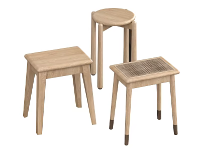 Wooden Bar Stools With Three Different Designs Including Square Round And Woven Seats 3d model