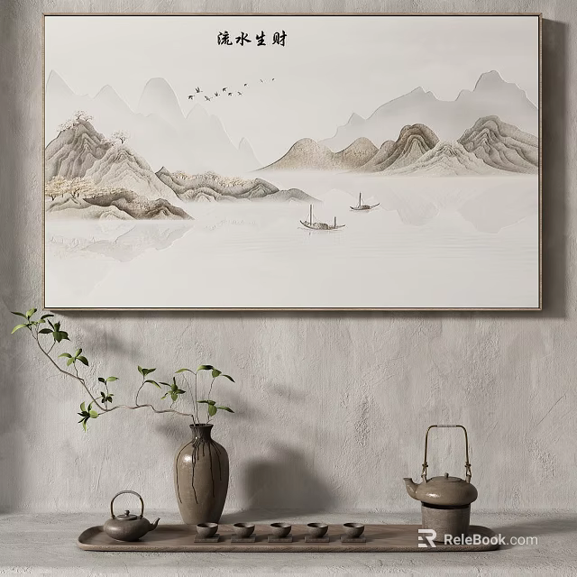 Ink Style Landscape Painting With Mountains Water Small Boats Flying Birds And Vase Decor 3d model 