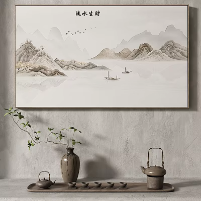 Ink Style Landscape Painting With Mountains Water Small Boats Flying Birds And Vase Decor 3d model