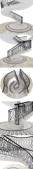 Elegant Spiral Staircase Featuring Black Wrought Iron Railings Light Colored Marble Steps And Intricate Patterns 3d model 