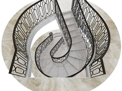 Elegant Spiral Staircase Featuring Black Wrought Iron Railings Light Colored Marble Steps And Intricate Patterns 3d model