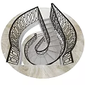 Elegant Spiral Staircase Featuring Black Wrought Iron Railings Light Colored Marble Steps And Intricate Patterns
