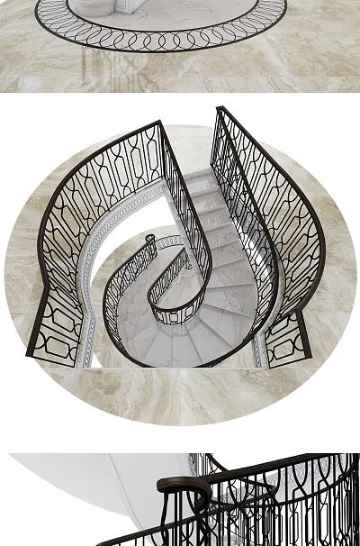 Elegant Spiral Staircase Featuring Black Wrought Iron Railings Light Colored Marble Steps And Intricate Patterns 3d model