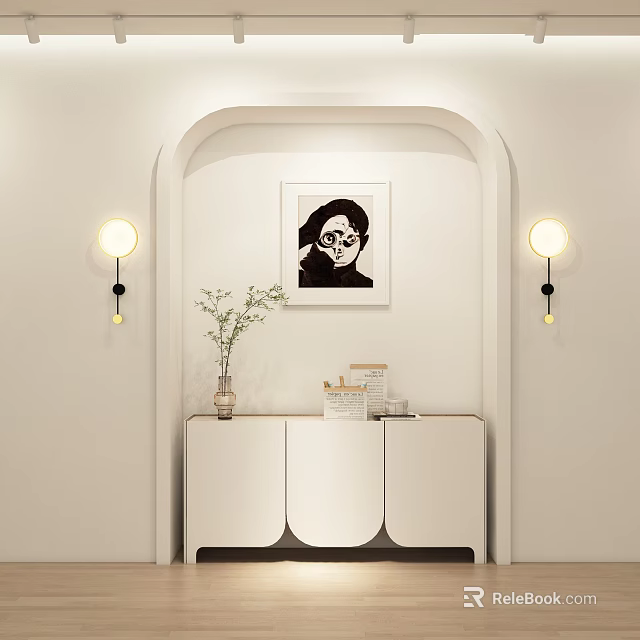 Modern Minimalist Entryway Interior With White Console Cabinet Wall Art And Sconce Lights 3d model 