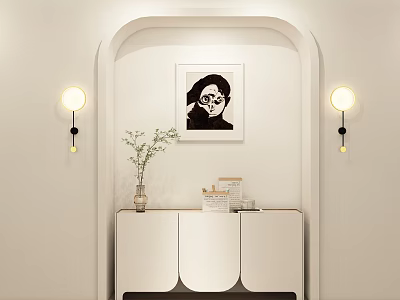 Modern Minimalist Entryway Interior With White Console Cabinet Wall Art And Sconce Lights 3d model