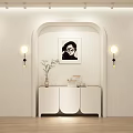 Modern Minimalist Entryway Interior With White Console Cabinet Wall Art And Sconce Lights