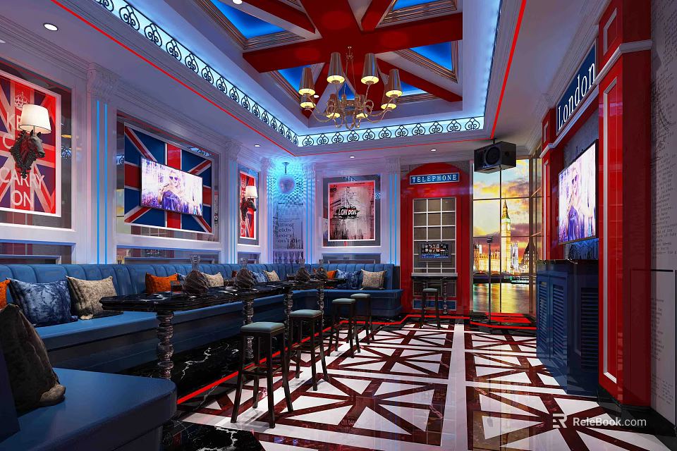 Modern KTV Lounge Interior With Blue Sofa LED Screens And Geometric Pattern Floor Design 3d model 