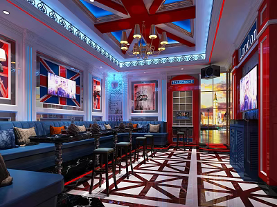 Modern KTV Lounge Interior With Blue Sofa LED Screens And Geometric Pattern Floor Design 3d model