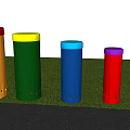 Colorful Cylindrical Musical Instruments and Art Supplies Placed on Grassy Field with Tall Buildings