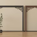 Chinese Traditional Screen Components With Decorative Patterns Black Brown Frames And Green Plant 3d model