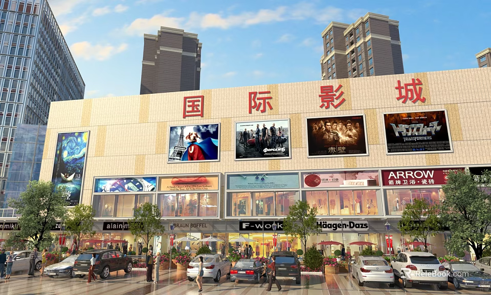 Vibrant Commercial Street With International Cinema Billboards Brand Stores High Rise Buildings And Cars 3d model 