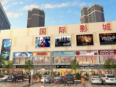 Vibrant Commercial Street With International Cinema Billboards Brand Stores High Rise Buildings And Cars 3d model