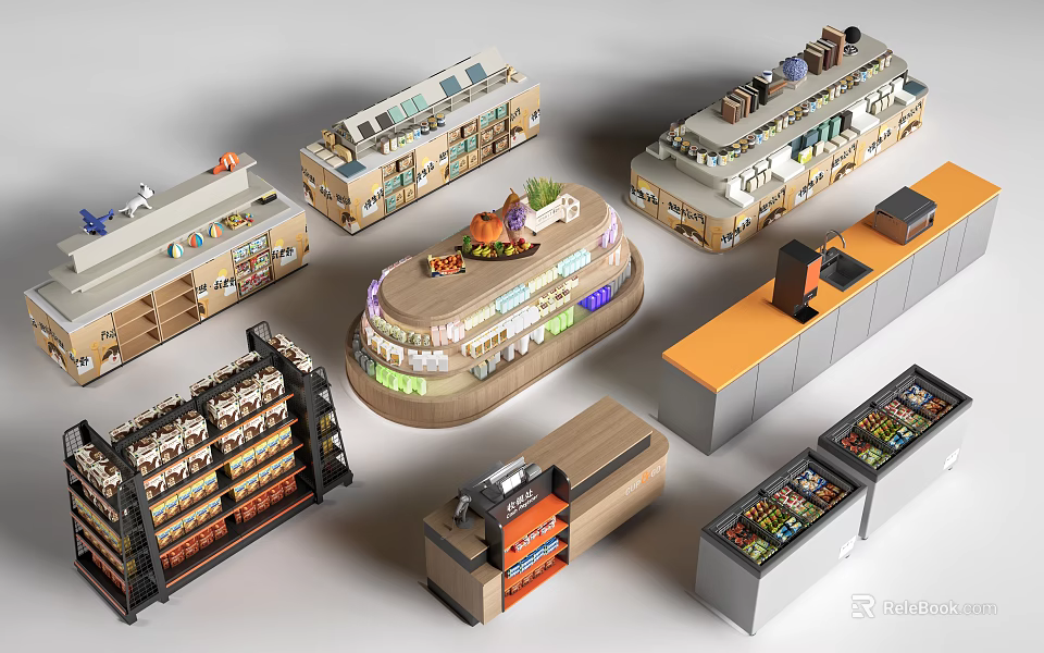 Various Retail Display Shelves With Multi Tiered Design And Counter Units 3d model 