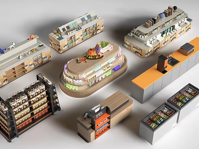 Various Retail Display Shelves With Multi Tiered Design And Counter Units 3d model
