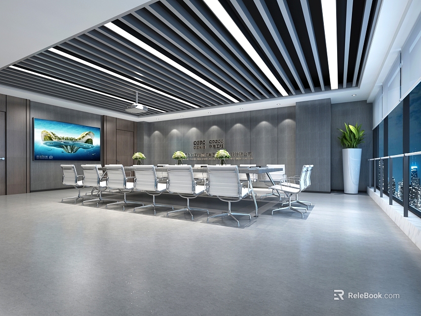 Modern Meeting Room Interior With Ceiling Grid Lights Long Table White Chairs And Windows 3d model 