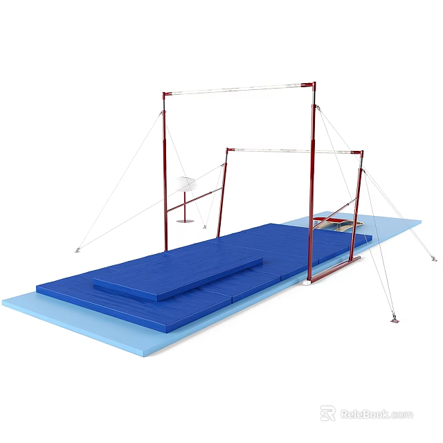 Gymnastic Training Equipment With Uneven Bars Balance Beam And Blue Mats 3d model 