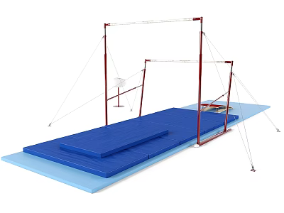 Gymnastic Training Equipment With Uneven Bars Balance Beam And Blue Mats 3d model