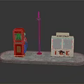 Red Gas Pump Red Street Lamp And ICE COLD Cooler On Gray Platform Setup