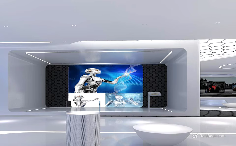 Modern Exhibition Hall Featuring Large Screen Robot Interface White Curved Design Round Podium And Bowl Seat 3d model 