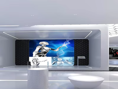Modern Exhibition Hall Featuring Large Screen Robot Interface White Curved Design Round Podium And Bowl Seat 3d model