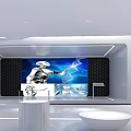Modern Exhibition Hall Featuring Large Screen Robot Interface White Curved Design Round Podium And Bowl Seat