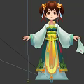 Cartoon Game Character Traditional Green Yellow Costume With Double Buns Flower Decorations Holding White Cloth