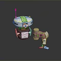 Character Robot With Red Antenna Green Panel And Creature Robot Holding Canister