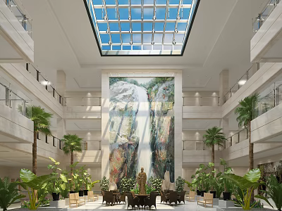 Spacious Hotel Lobby Featuring Glass Skylight Large Mural Painting Green Plants And Palm Trees 3d model