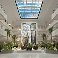 Spacious Hotel Lobby Featuring Glass Skylight Large Mural Painting Green Plants And Palm Trees