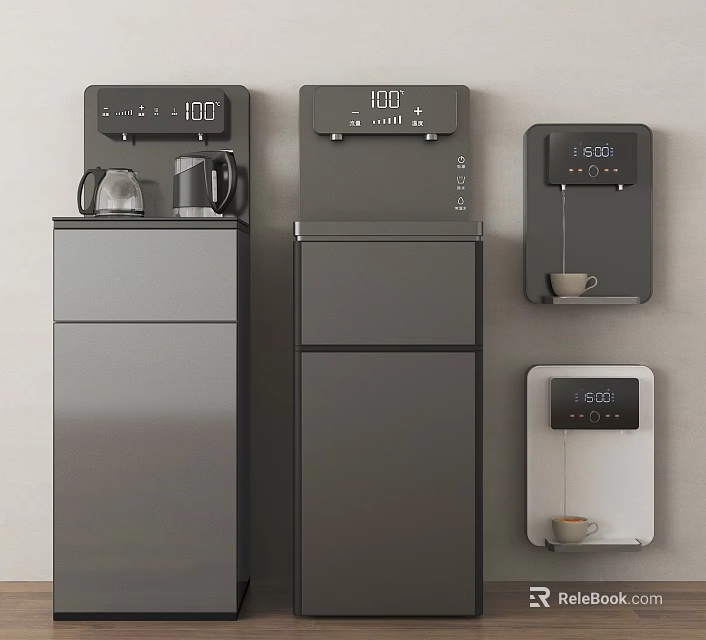 Sleek Modern Household Appliances Featuring Gray Water Dispensers And Wall Mounted Coffee Makers 3d model 