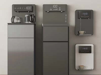 Sleek Modern Household Appliances Featuring Gray Water Dispensers And Wall Mounted Coffee Makers 3d model