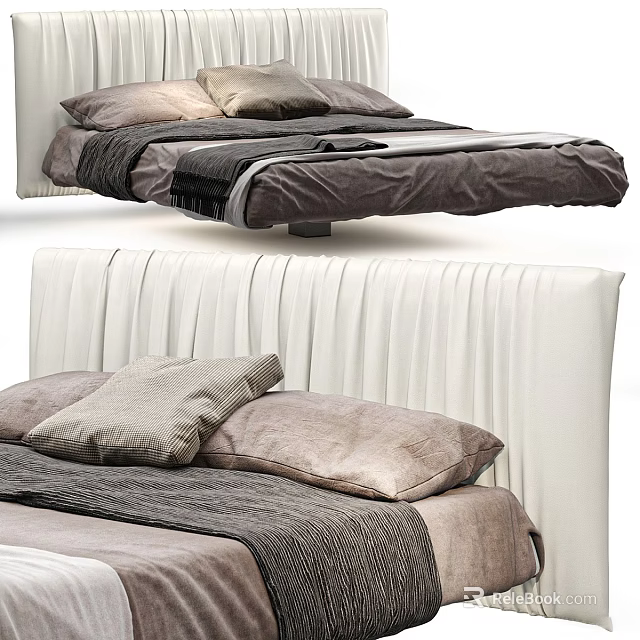 Modern Double Bed With White Vertical Striped Headboard And Gray Black Brown Bedding 3d model 