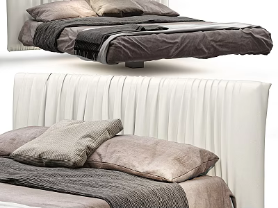 Modern Double Bed With White Vertical Striped Headboard And Gray Black Brown Bedding 3d model
