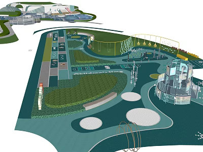 Public Recreational Area Landscape Design With Green Lawns Circular Plazas Pathways And Structures 3d model