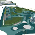 Public Recreational Area Landscape Design With Green Lawns Circular Plazas Pathways And Structures