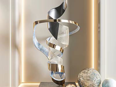 Sleek Spiral Metal Sculpture With Silver Black Design And Illuminated Interior Decorative Spheres 3d model