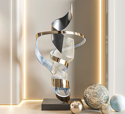 Sleek Spiral Metal Sculpture With Silver Black Design And Illuminated Interior Decorative Spheres 3d model