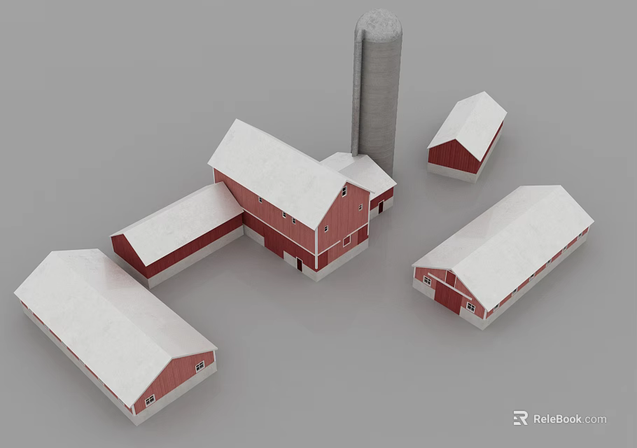 Scenic Rural Farm Landscape With Red Barns White Roofs And Silo Structure 3d model 