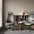 Modern Office Chairs In Stylish Workspace With Bookshelf Table Lamp And Round Table