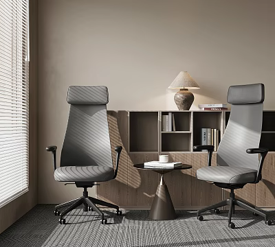 Modern Office Chairs In Stylish Workspace With Bookshelf Table Lamp And Round Table 3d model