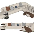 Beige Sectional Sofa with Multiple Decorative Pillows Side Table and Brown Blanket 3d model